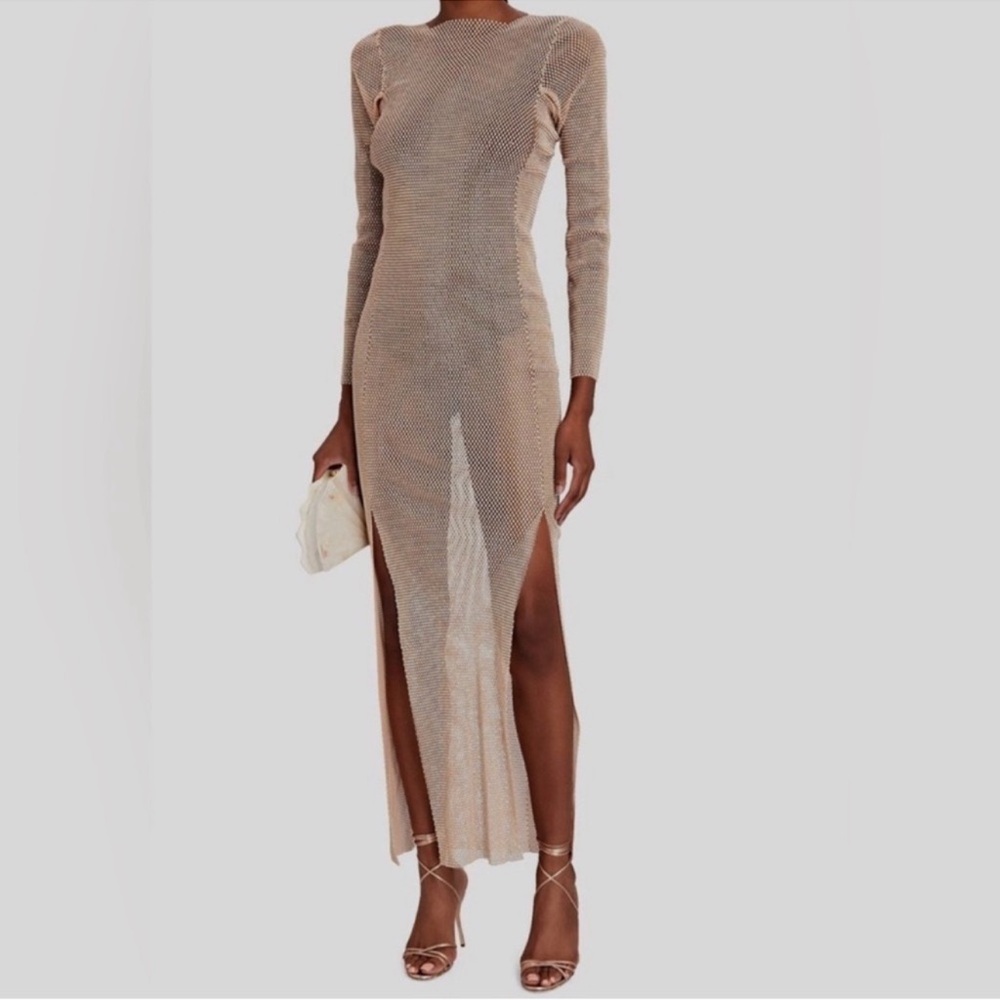 Crystal Embellished Chic Long Sleeve Beige Dress S/M